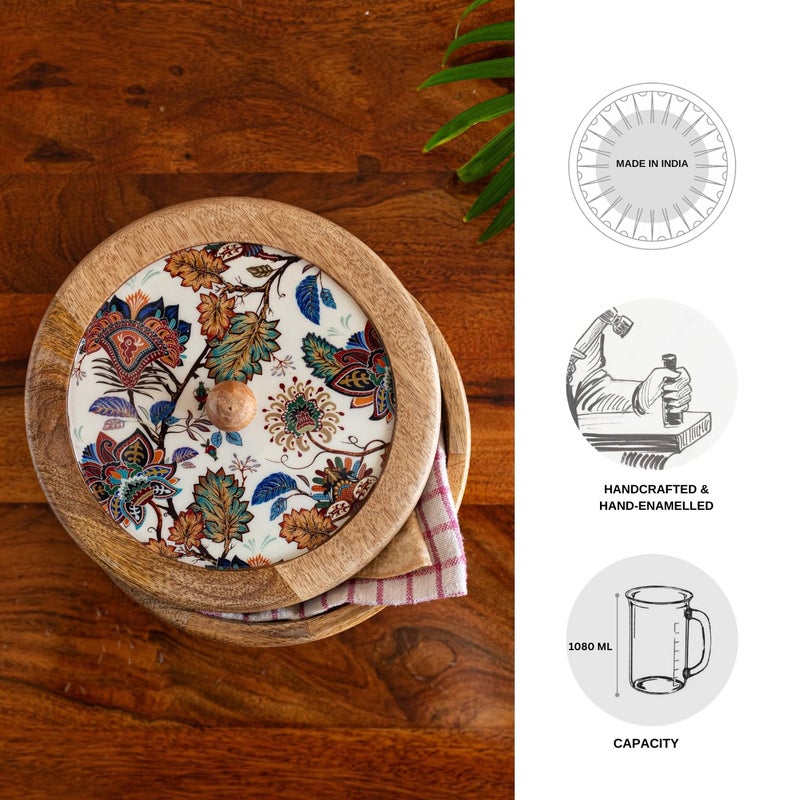 ExclusiveLane صندوق شباتي خشبي 'كرونكلز الزهور' للمطبخ مع غطاء (خشب مانجو، 8 بوصة، 1080 مل)|صندوق شباتي للحفاظ على الحرارة صندوق شباتي خشبي للحساء لصندوق روتي للحفاظ على الحرارة - Image 3