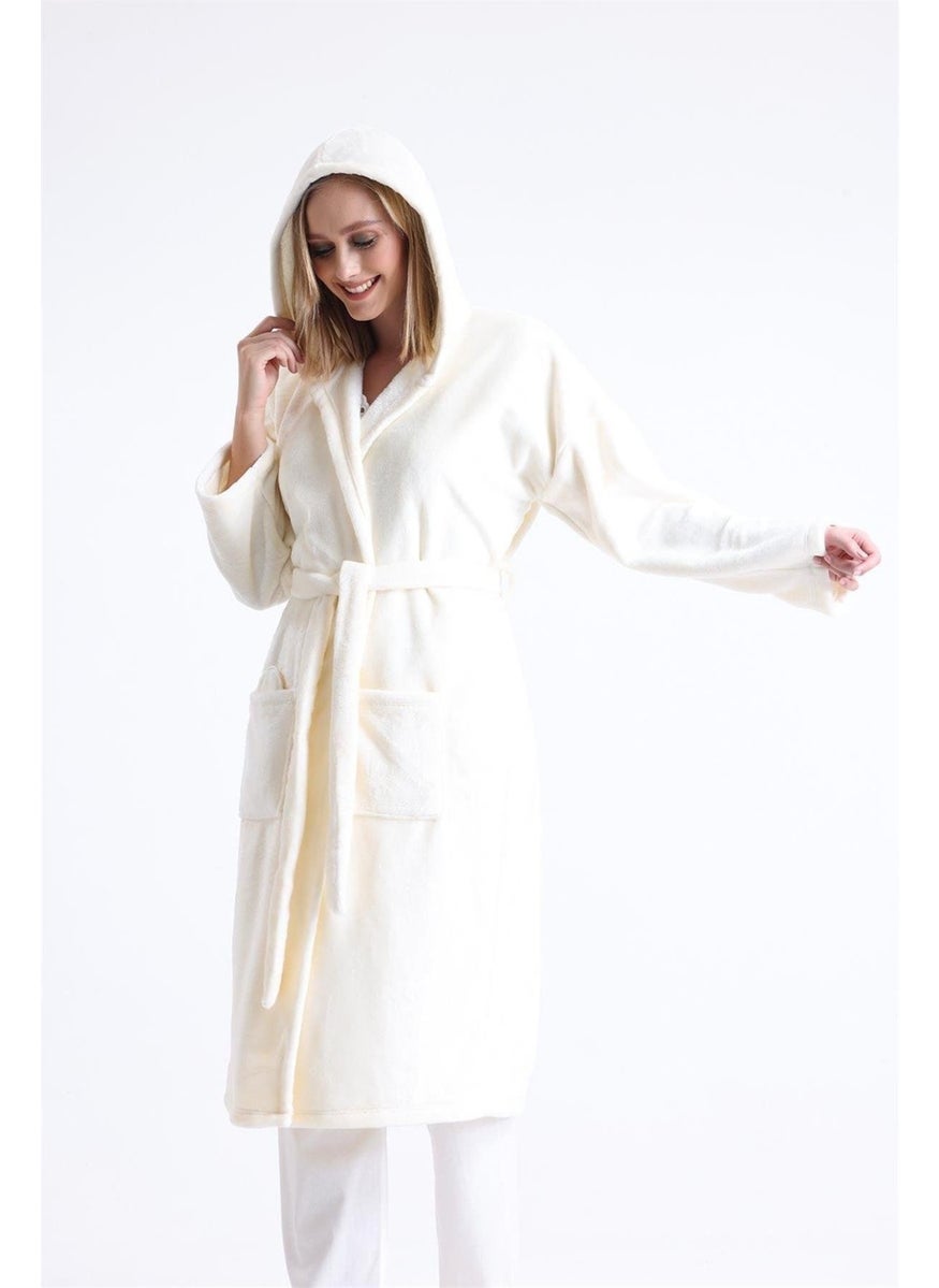 Magic Form - 49870 Women's Hooded Long Polar Dressing Gown (Sleeping Glasses Gift)-Ecru - Image 1