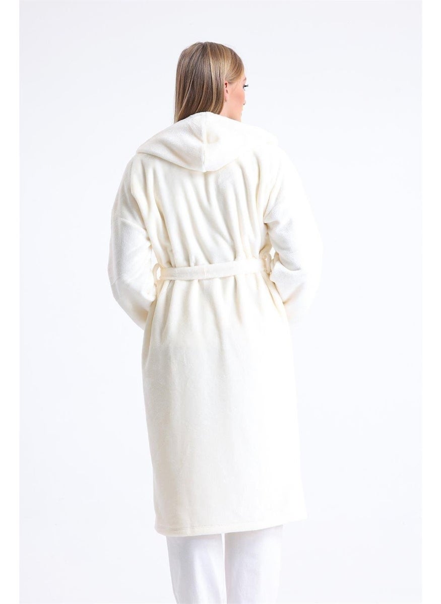 Magic Form - 49870 Women's Hooded Long Polar Dressing Gown (Sleeping Glasses Gift)-Ecru - Image 1