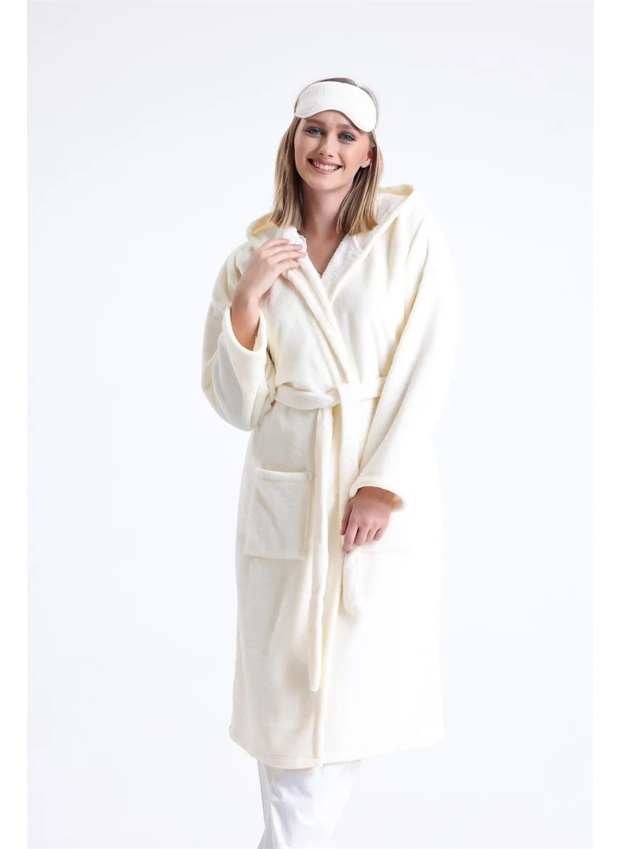 Magic Form 49870 Women's Hooded Long Polar Dressing Gown (Sleeping Glasses Gift)-Ecru