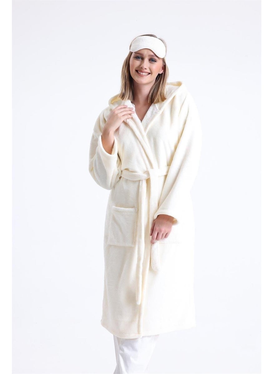 Magic Form - 49870 Women's Hooded Long Polar Dressing Gown (Sleeping Glasses Gift)-Ecru - Image 1