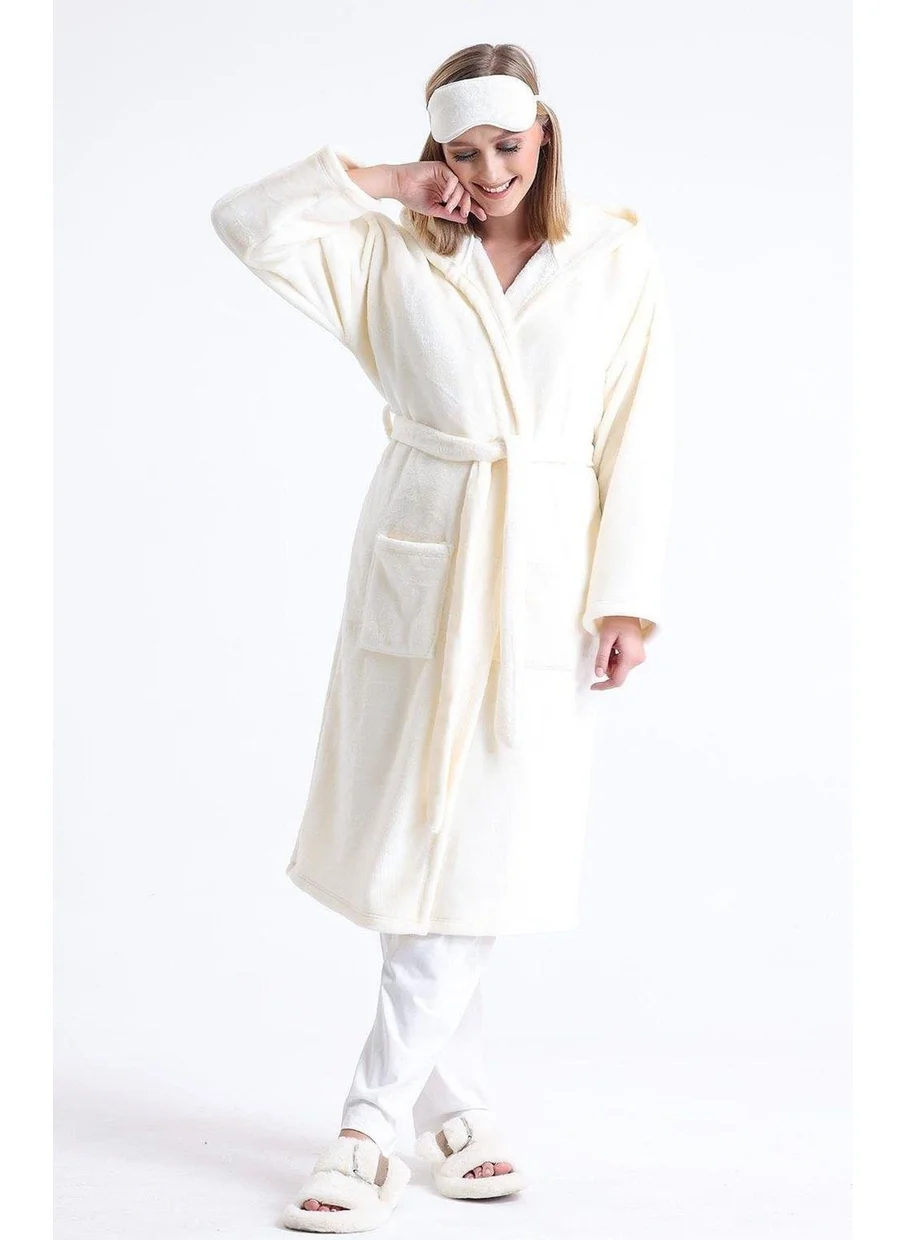 Magic Form 49870 Women's Hooded Long Polar Dressing Gown (Sleeping Glasses Gift)-Ecru