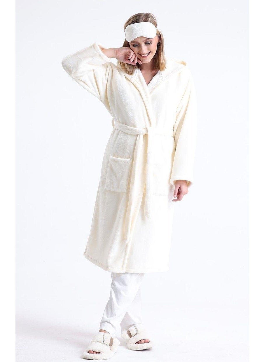 Magic Form - 49870 Women's Hooded Long Polar Dressing Gown (Sleeping Glasses Gift)-Ecru - Image 1