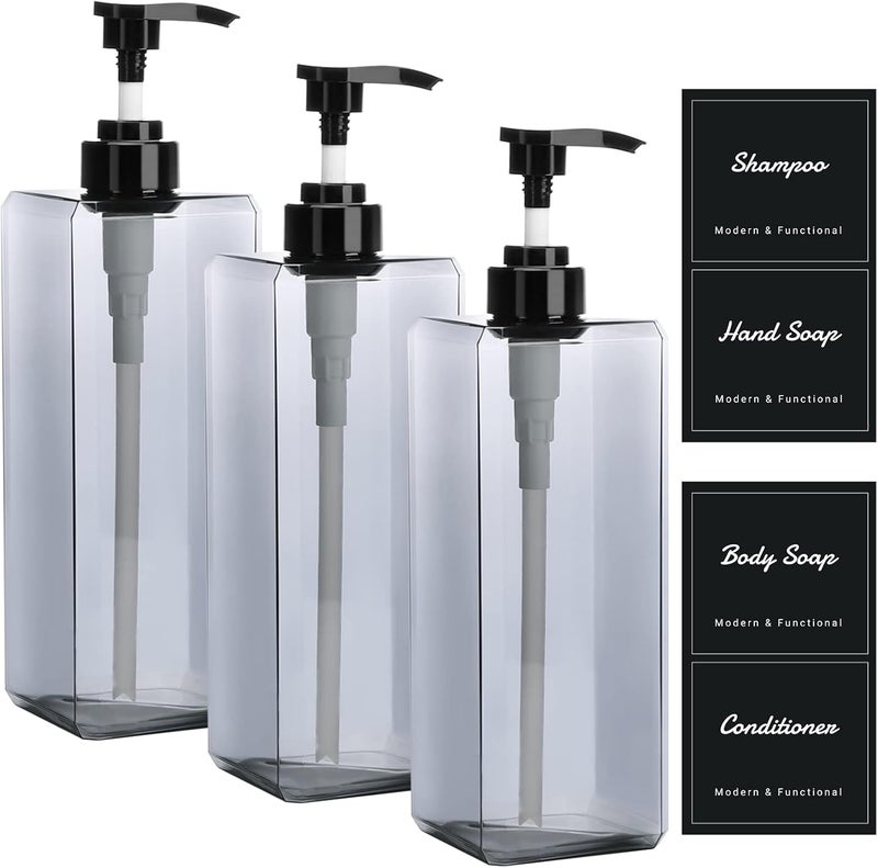 Suream 33.8oz Refillable Shampoo Bottles for Shower, 3Packs 1000ml Large Empty Pump Dispenser with 4PCS Lables for Shampoo, Body Soap, Hand Soap, Conditioner, for Bathroom, Kitchen, Hotel, Salon, SPA