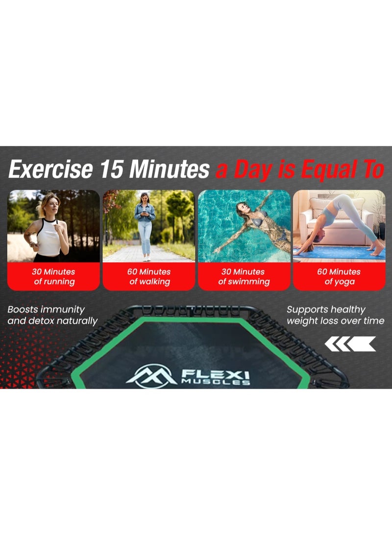 العضلات المرنة فليكسي ماسلز – ترامبولين لياقة صغير مقاس 48 بوصة للبالغين مع حبال بنجي وبار أمان، يتحمل حتى 120 كجم، مثالي للتمارين داخل المنزل وخارجه. - Image 3