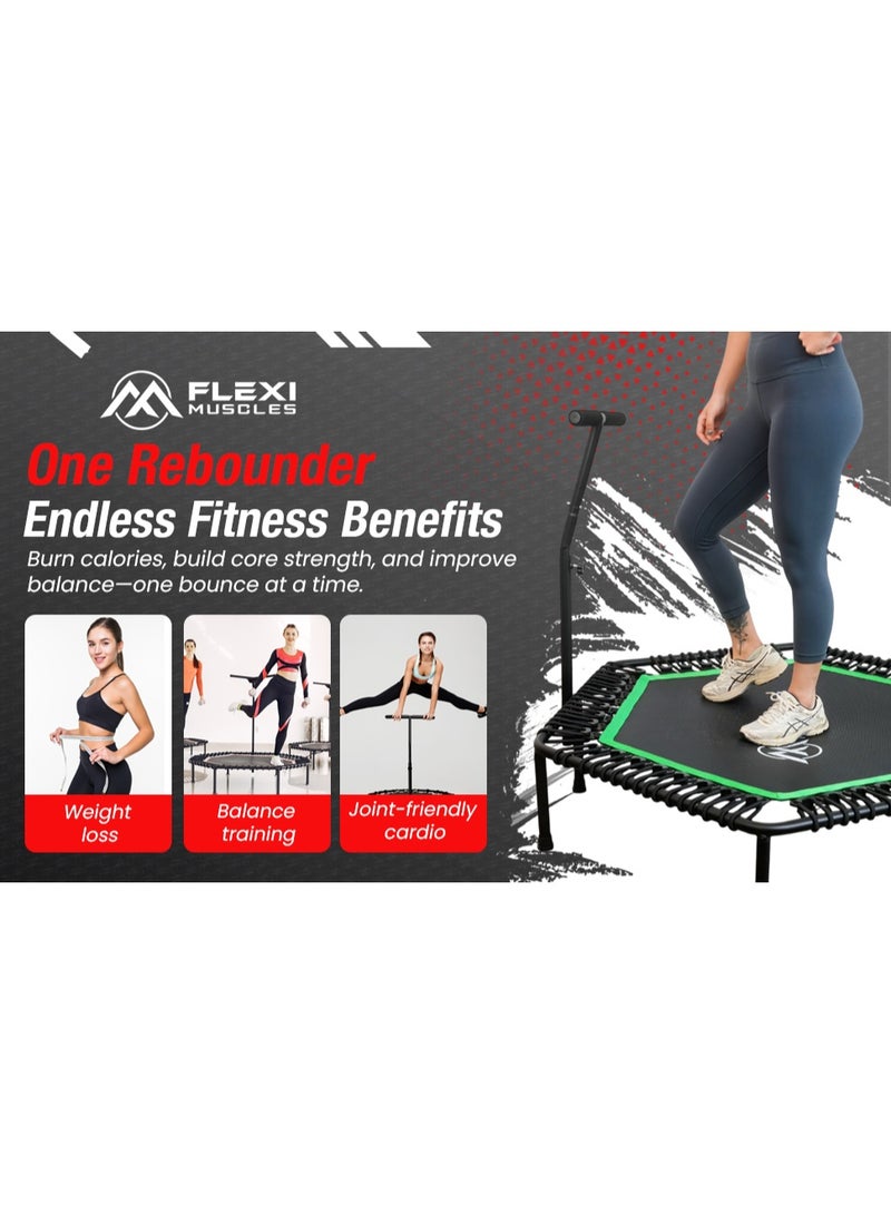 العضلات المرنة فليكسي ماسلز – ترامبولين لياقة صغير مقاس 48 بوصة للبالغين مع حبال بنجي وبار أمان، يتحمل حتى 120 كجم، مثالي للتمارين داخل المنزل وخارجه. - Image 2