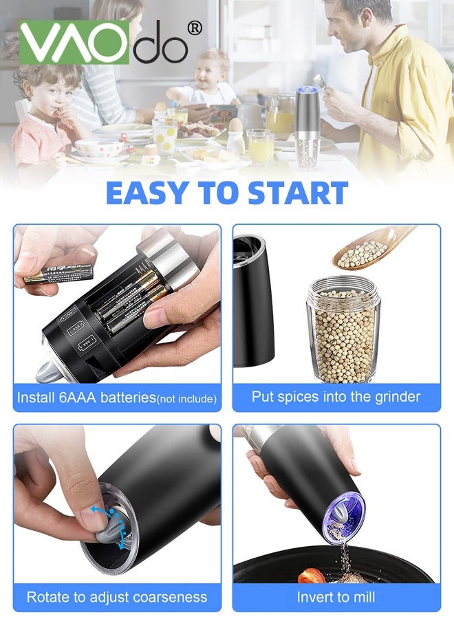 فاو دو مجموعة مطحنة فلفل وملح كهربائية 2 قطعة، شواية فلفل وملح، تشغيل أوتوماتيكي بيد واحدة، مطحنة قابلة للتعديل مع ضوء LED أسود 5.08*19.69 سم - Image 5