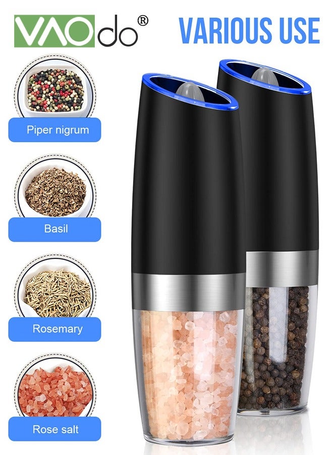 فاو دو مجموعة مطحنة فلفل وملح كهربائية 2 قطعة، شواية فلفل وملح، تشغيل أوتوماتيكي بيد واحدة، مطحنة قابلة للتعديل مع ضوء LED أسود 5.08*19.69 سم - Image 1