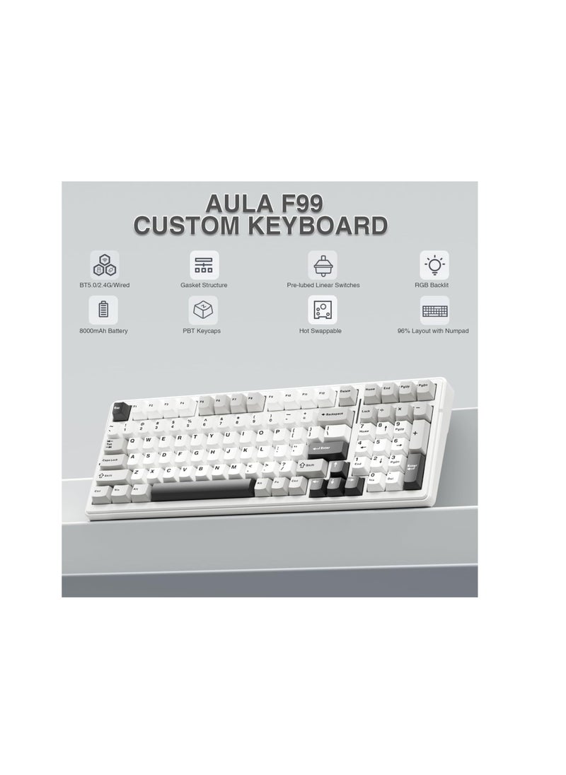 AULA F99 Wireless Mechanical Keyboard,Tri-Mode BT5.0/2.4GHz/USB-C Hot Swappable Custom Keyboard,Pre-lubed Linear Switches,Gasket Structure,RGB Backlit Gaming Keyboard for PC/Tablet/PS/Xbox (Nimbus Switch V3)