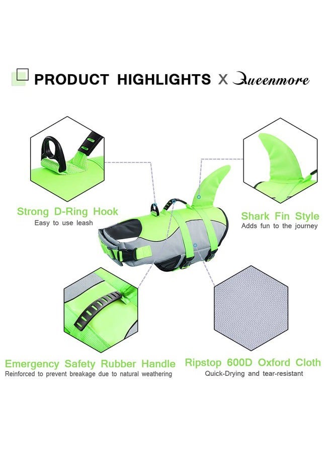 Queenmore Dog Life Jacket Ripstop Dog Safety Vest Adjustable Preserver with High Buoyancy and Durable Rescue Handle for Small,Medium,Large Dogs, Green Shark Medium - Image 2