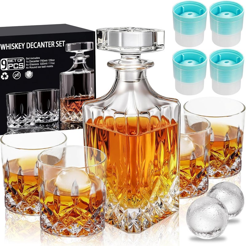 QUMMFA Whiskey Decanter Set for Men, 4*Crystal Whiskey Glasses(Get 4 Silicone Ice Mold Free), Lead-Free Decanter Set for Whiskey, Bourbon, Scotch, Anniversary Christmas Gifts for Dad, Husband, Whiskey Lovers - Image 1