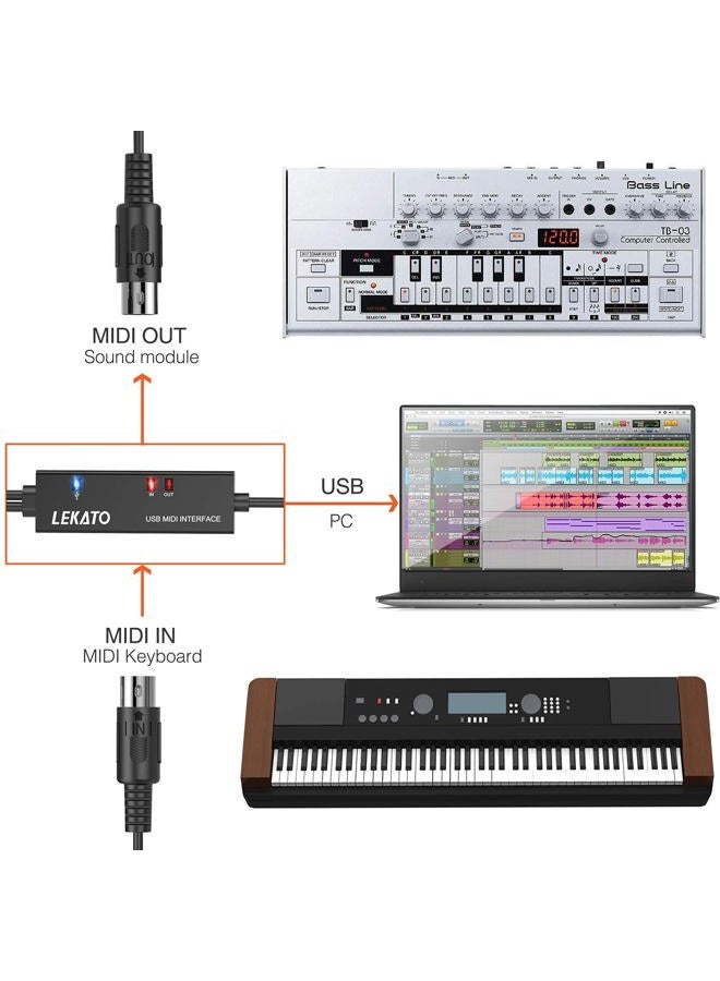 LEKATO USB MIDI Cable, MIDI to USB Cable 6.5Ft with Input & Output Connecting with Keyboard, Synthesizer for Editing & Recording, Midi to USB for Laptop Computer Windows and Mac - Image 4