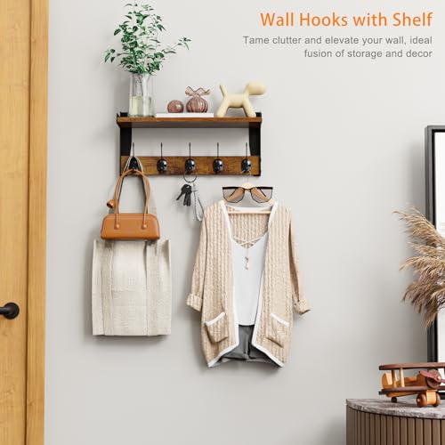 FNBAR Wall Hooks with Shelf Wood Coat Rack with Shelf WallMounted Entryway Hanging Shelves with 5 Metal Hooks for Clothes Hats Towel Purse Robes Bathroom Mudroom Bedroom Rustic Brown - Image 3