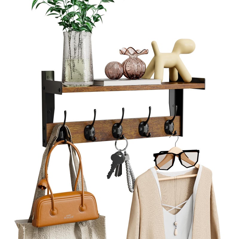 FNBAR Wall Hooks with Shelf Wood Coat Rack with Shelf WallMounted Entryway Hanging Shelves with 5 Metal Hooks for Clothes Hats Towel Purse Robes Bathroom Mudroom Bedroom Rustic Brown - Image 2