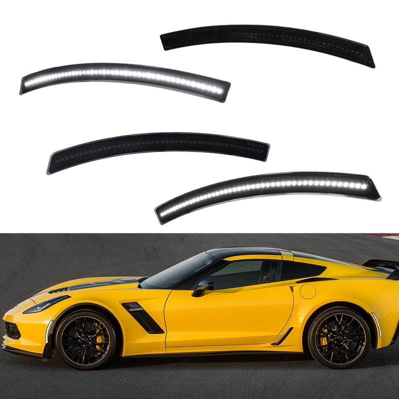 Tonsya 4 pcs White Led Lamps Smoked Lens Compatible With 2014 2015 2016 2017 2018 2019 Chevrolet Corvette C7 Replace OEM Bumper Front Rear side marker lights 4 pcs