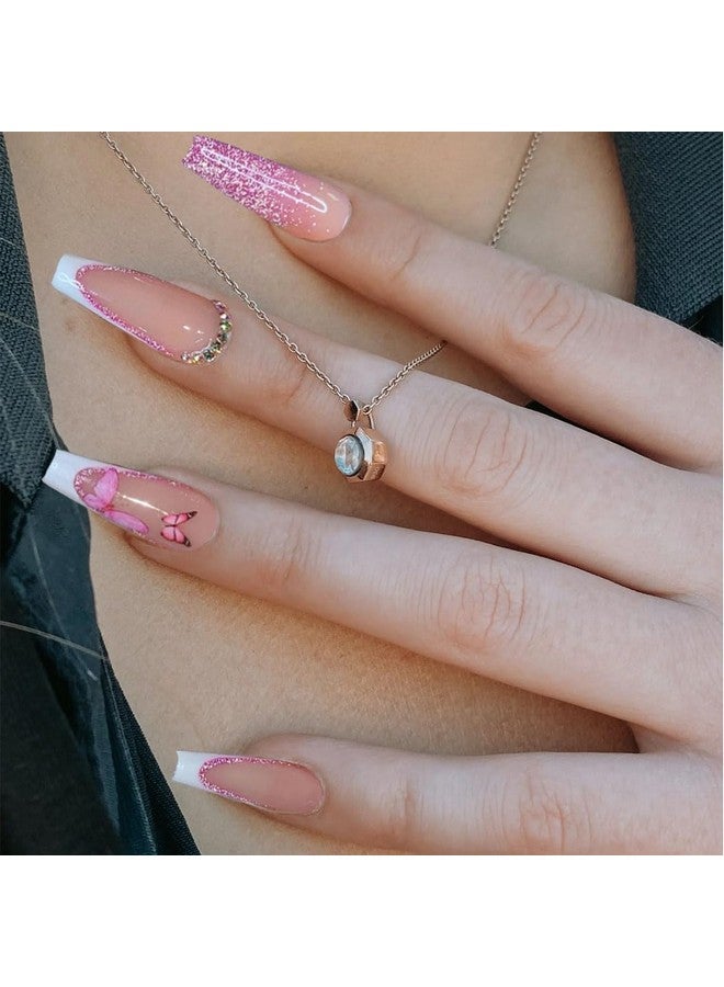 Butterfly French Tip Press On Nails Pink Glossy Long Square Fake Nails Glitter Rhinestones False Nails For Women And Girls(24 Pcs)