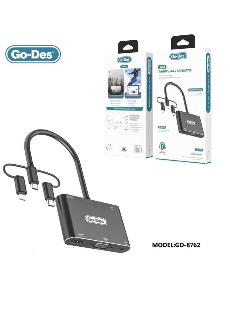 GO-DES Go-Does 5 in 1 HD Laptop Monitor Player USB-C Lightning Micro USB to HDTV VGA  AV Adapter GD-8762 - Image 1