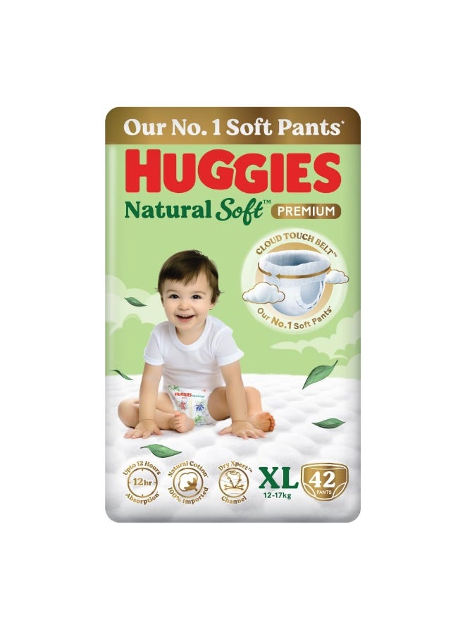 Huggies Natural Soft Premium Baby Diaper Pants, Our No.1 Soft Pants, Extra Large (XL) Size (12-17 Kgs), Pack of 42 diapers | Cloud Softness All over with India's 1st Cloud Touch BeltTM