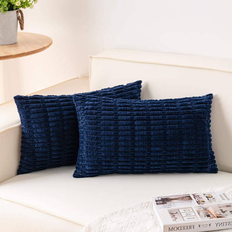 Aegero Pack of 2 Corduroy Decorative Throw Pillow Covers 12x20 InchSoft Boho Striped Pillow Covers Modern Farmhouse Home Decor for Sofa Living Room Couch Bed(Blue) - Image 1