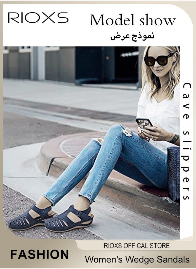 RIOXS - Women's Hollow Roman Wedge Sandals Round Open Toe Sandals Summer Comfortable Buckle Sandals - Image 1