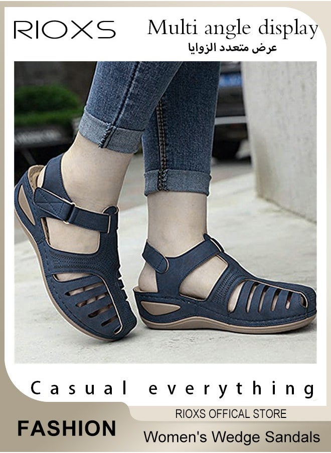 RIOXS - Women's Hollow Roman Wedge Sandals Round Open Toe Sandals Summer Comfortable Buckle Sandals - Image 1