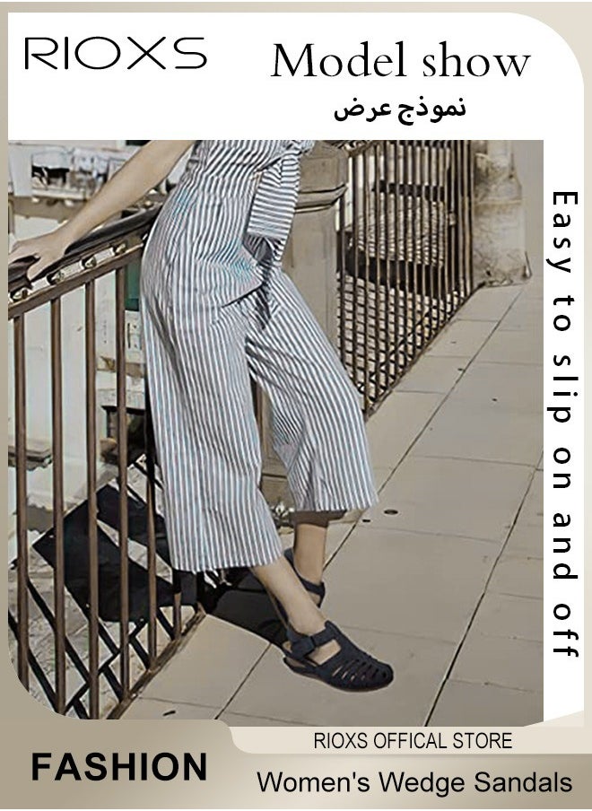 RIOXS - Women's Hollow Roman Wedge Sandals Round Open Toe Sandals Summer Comfortable Buckle Sandals - Image 1