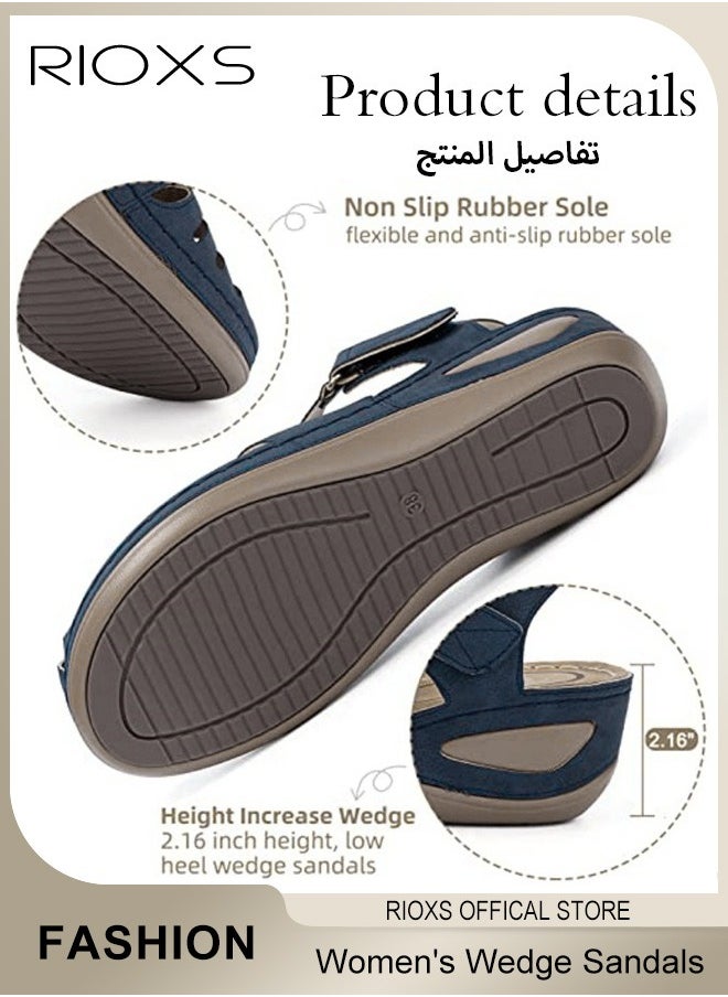 RIOXS - Women's Hollow Roman Wedge Sandals Round Open Toe Sandals Summer Comfortable Buckle Sandals - Image 1
