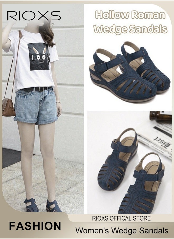 RIOXS - Women's Hollow Roman Wedge Sandals Round Open Toe Sandals Summer Comfortable Buckle Sandals - Image 1
