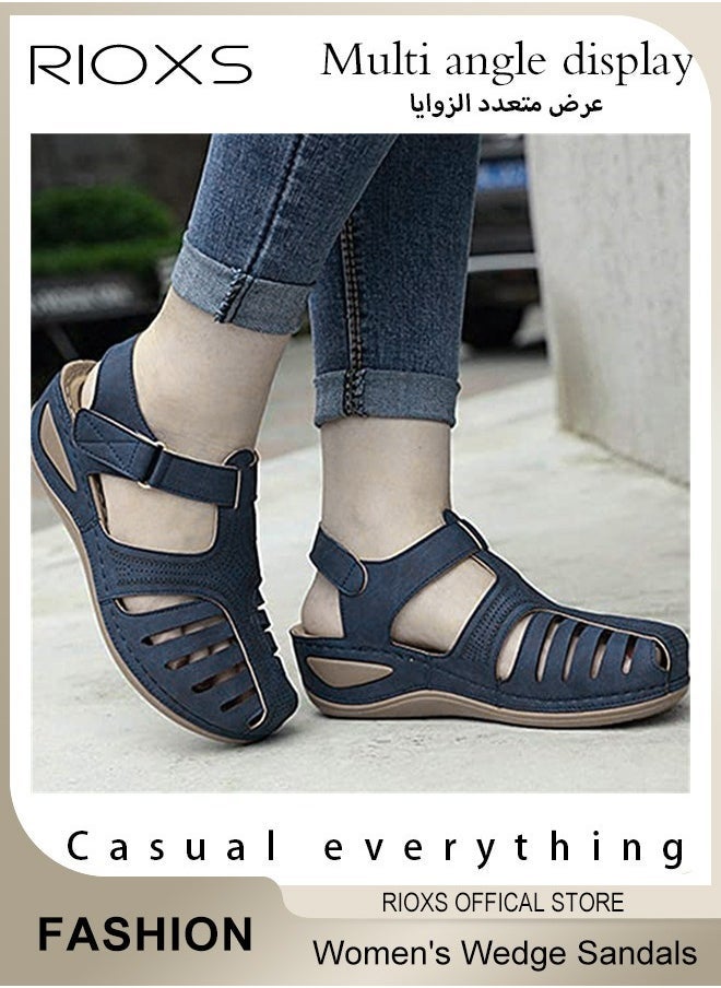 RIOXS - Women's Hollow Roman Wedge Sandals Round Open Toe Sandals Summer Comfortable Buckle Sandals - Image 1