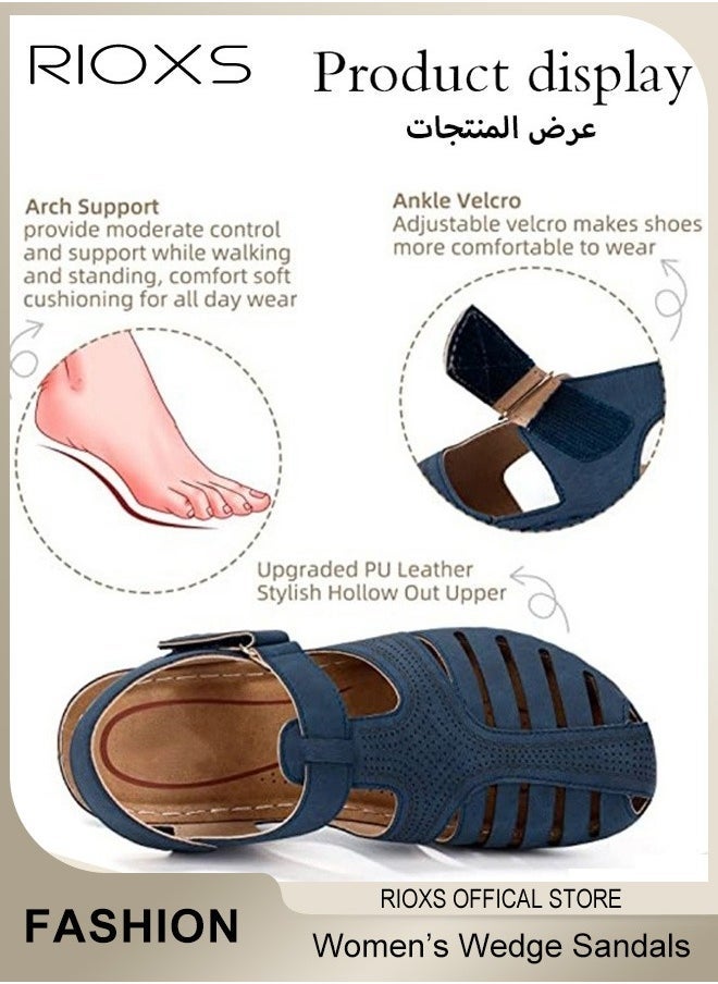 RIOXS - Women's Hollow Roman Wedge Sandals Round Open Toe Sandals Summer Comfortable Buckle Sandals - Image 1