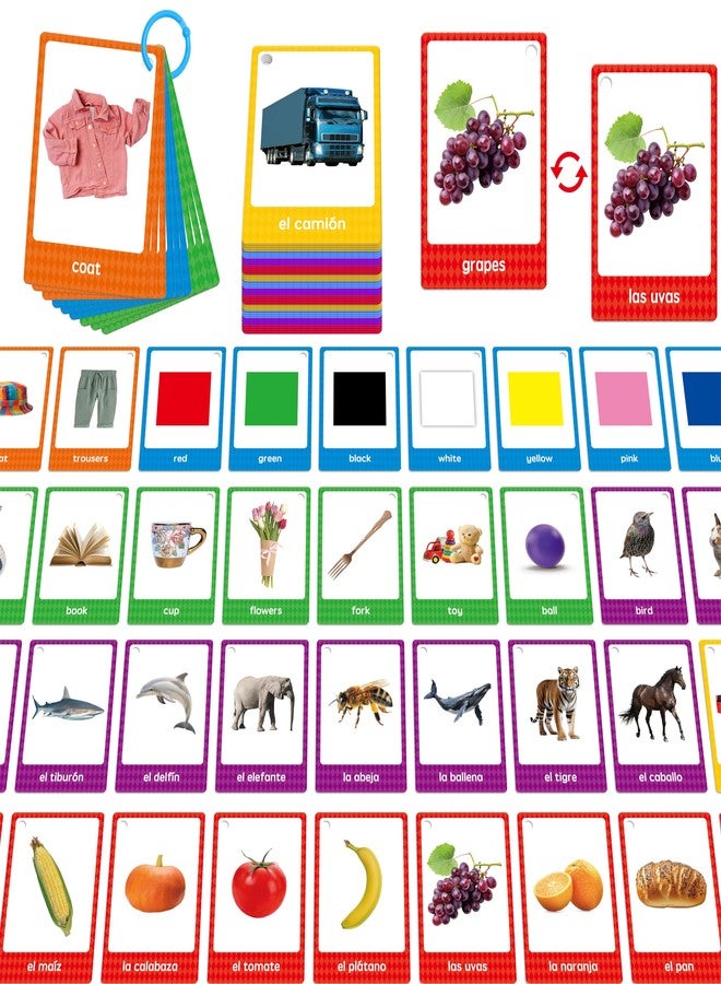 SpriteGru 60 English Spanish Flash Cards, Double-Sided Nouns Cards Bilingual Sight Words - Animals, Colors, Food, Vehicles Cards, Language Vocabulary Learning Tool for Beginners 5+ with 2 Reclosable Rings - Image 1