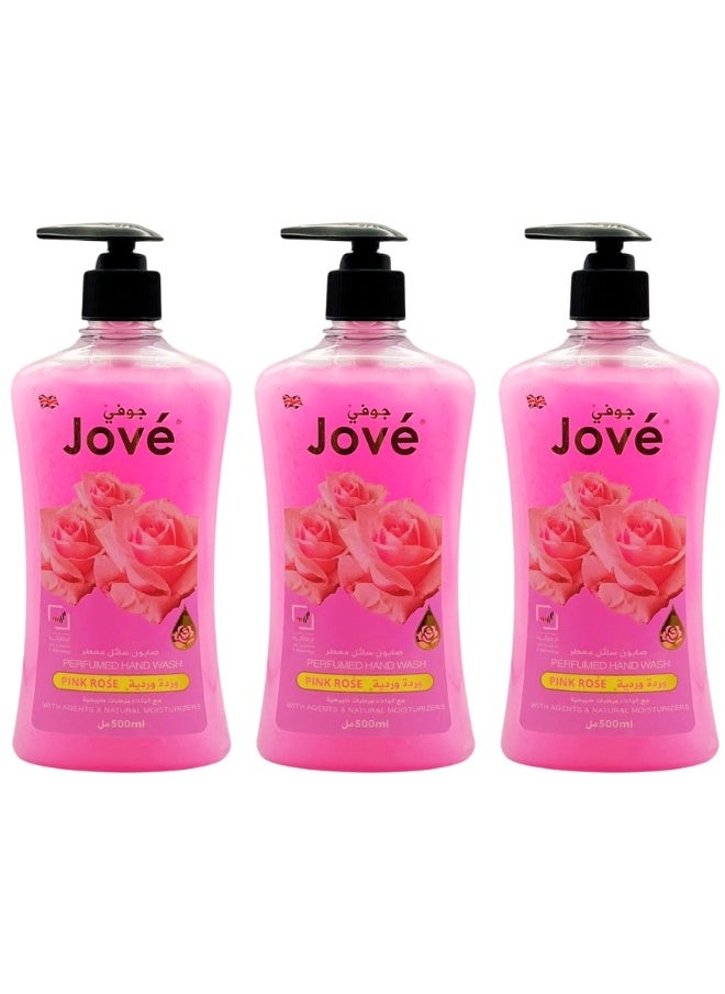 Jove Hand Wash – Pink Rose Scent – Pack of 3 Bottles – Gentle & Moisturizing Liquid Soap – 500ml Each  - Image 1