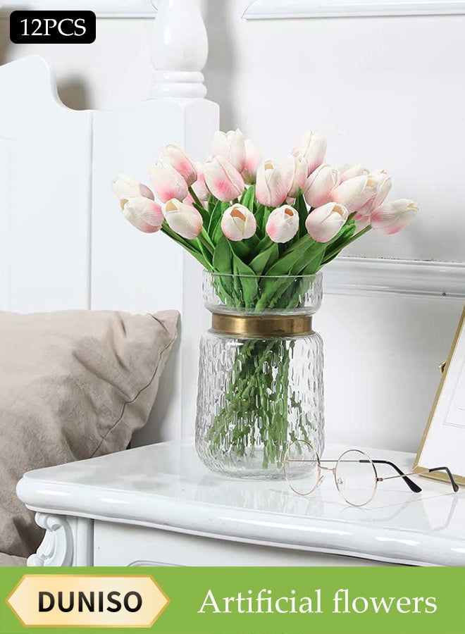 DUNISO 12 Pcs Artificial Tulip Flowers，PU Real Touch Tulips，DIY Decorative Fake Flowers，Table Centerpiece Flower Arrangement Bouquet，Durable,Easy to Care for，for Hotel Home Office Kitchen Wedding Farmhouse Décor - Image 1