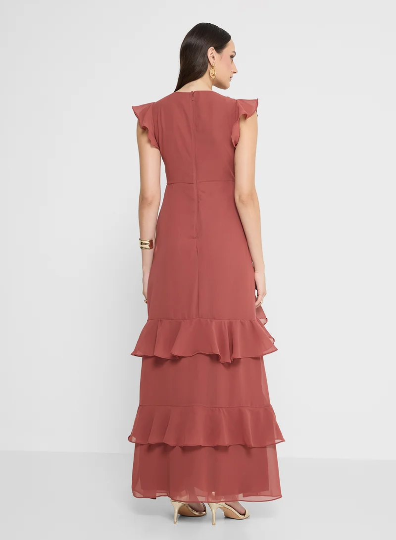 Maya Ruffle Embellished Detail V Neck Maxi Dress