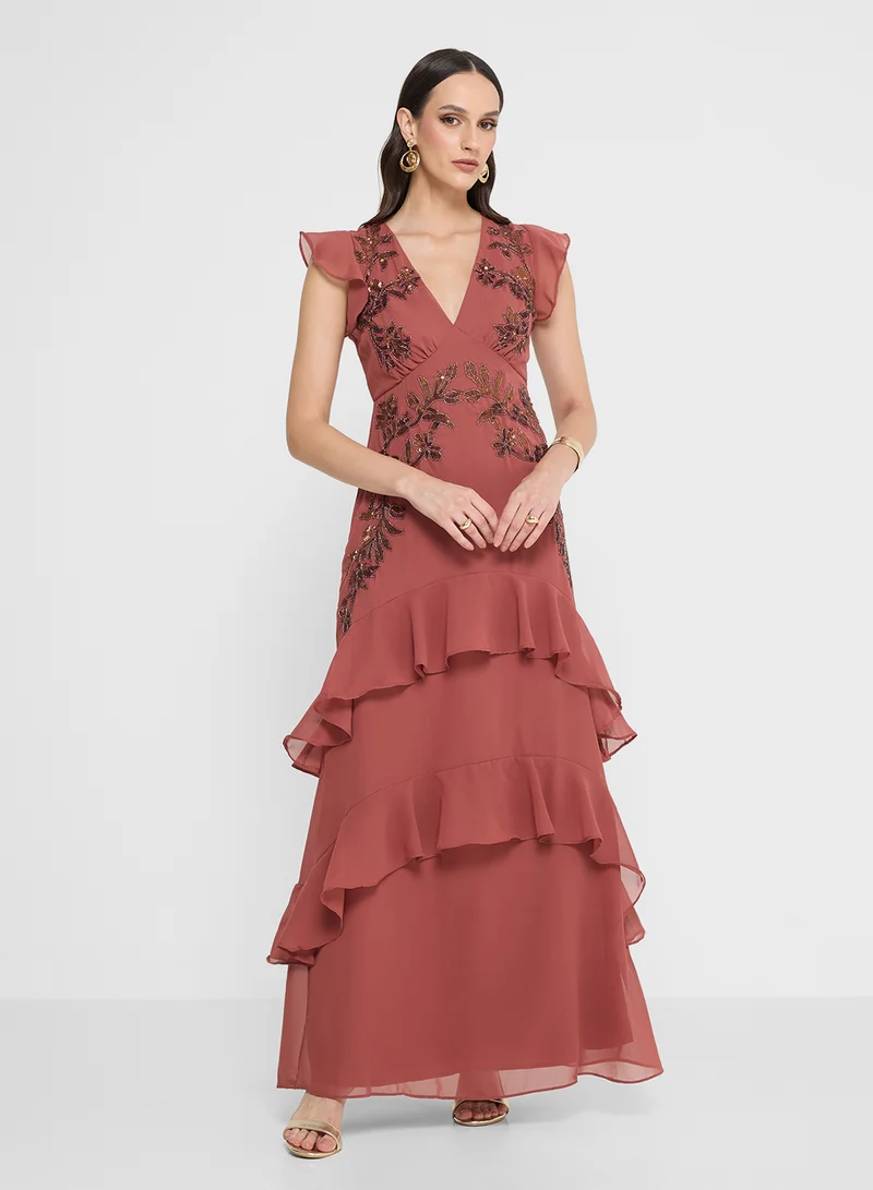Maya Ruffle Embellished Detail V Neck Maxi Dress