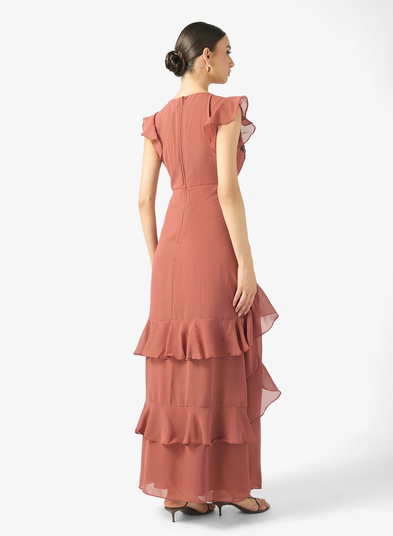 Maya Ruffle Embellished Detail V Neck Maxi Dress - Image 2