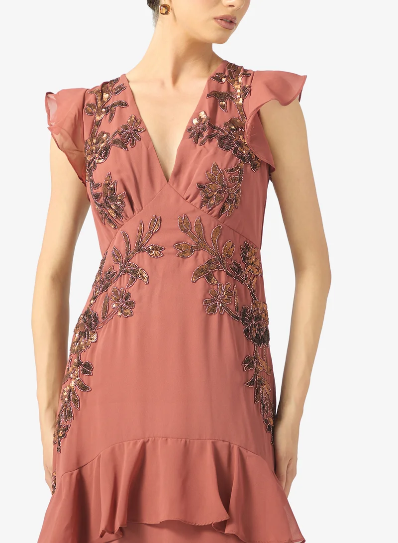 Maya  Ruffle Embellished Detail V Neck Maxi Dress for Women | Best Price UAE