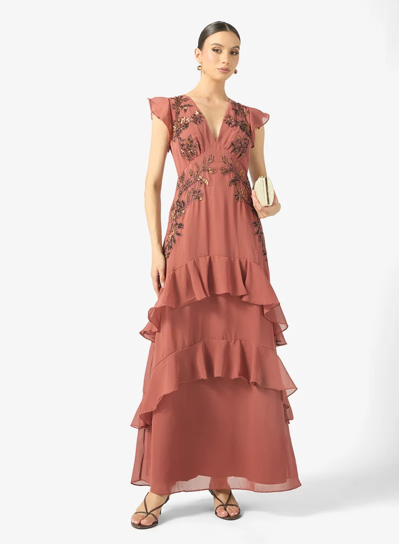 Maya  Ruffle Embellished Detail V Neck Maxi Dress for Women | Best Price UAE
