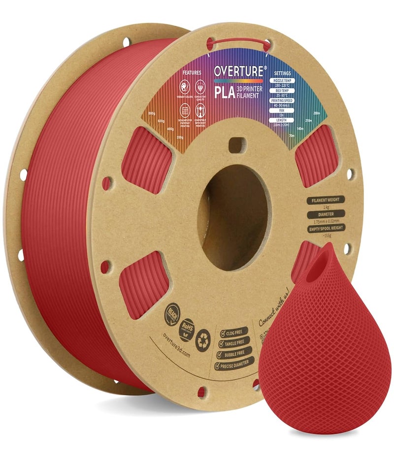 OVERTURE PLA Filament 1.75mm, Neatly Wound 3D Printer Filament 1kg Spool (2.2lbs), Dimensional Accuracy +/- 0.02 mm, Fit Most FDM 3D Printers (Fresh Red) - Image 1