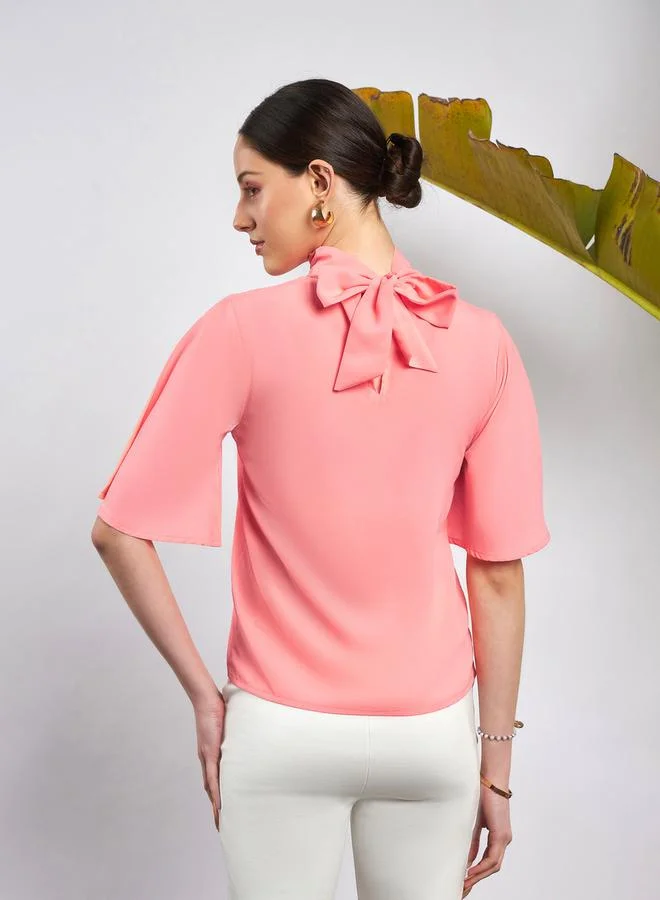 ساسافراس Faux Pearl Detail High Neck Tie Up Back Top by Styli