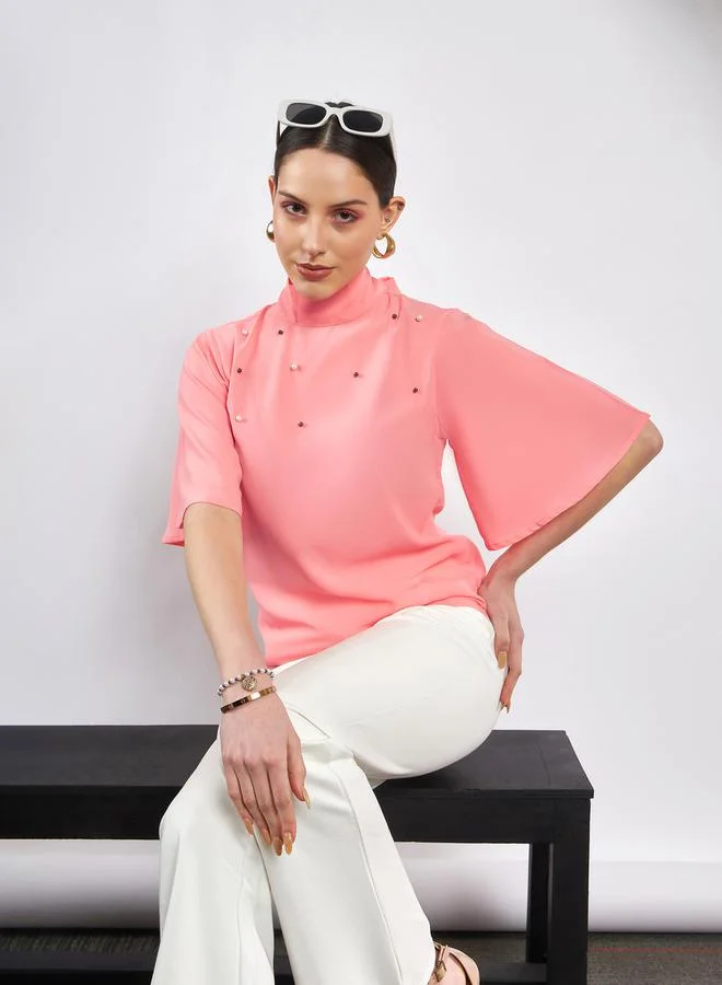 ساسافراس Faux Pearl Detail High Neck Tie Up Back Top by Styli