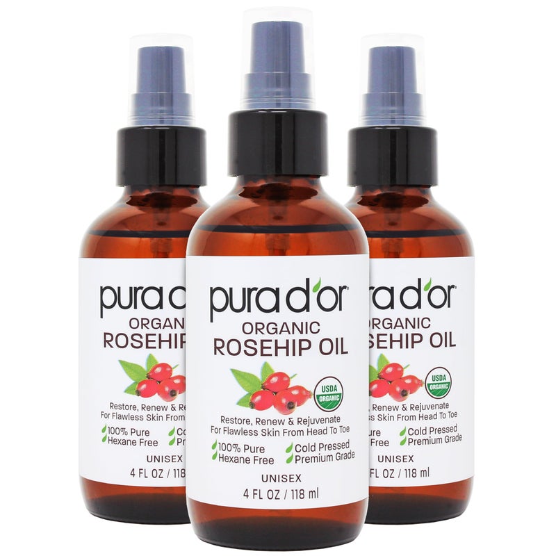PURA D'OR ORGANIC Rosehip Seed Oil Hair Relaxer (4 Oz x3 = 12 Oz) 100% Pure Cold Pressed USDA Certified All Natural Anti-Aging, Scar Treatment, Gua Sha Massage, Face, Hair & Skin - Women & Men - Image 1