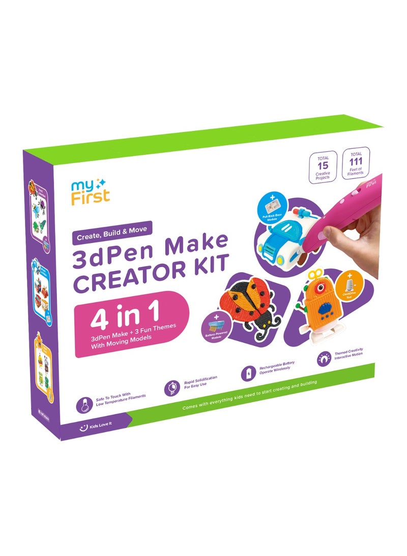 myFirst 3D Pen Make Creator Kit | All-in-One Starter Bundle with 3D Pen, Robot/Automobile/Insect Fun Packs, 3 Moving Models & Filaments – Creative STEM Craft Set for Kids - Red - Image 1