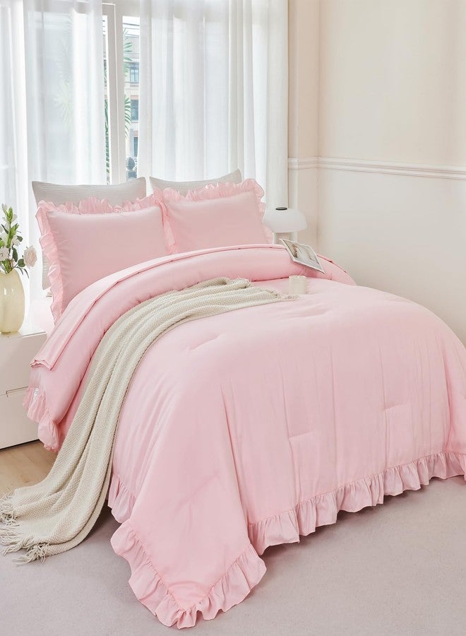 ANGIYUIN 5 Pieces Pink Twin Size Comforter Set for Girls Ruffled Kids Bed in A Bag with Sheet Sets Farmhouse Shabby Bedding Sets with Ruffle Soft Fluffy Bed Sets (Pink Twin) - Image 3