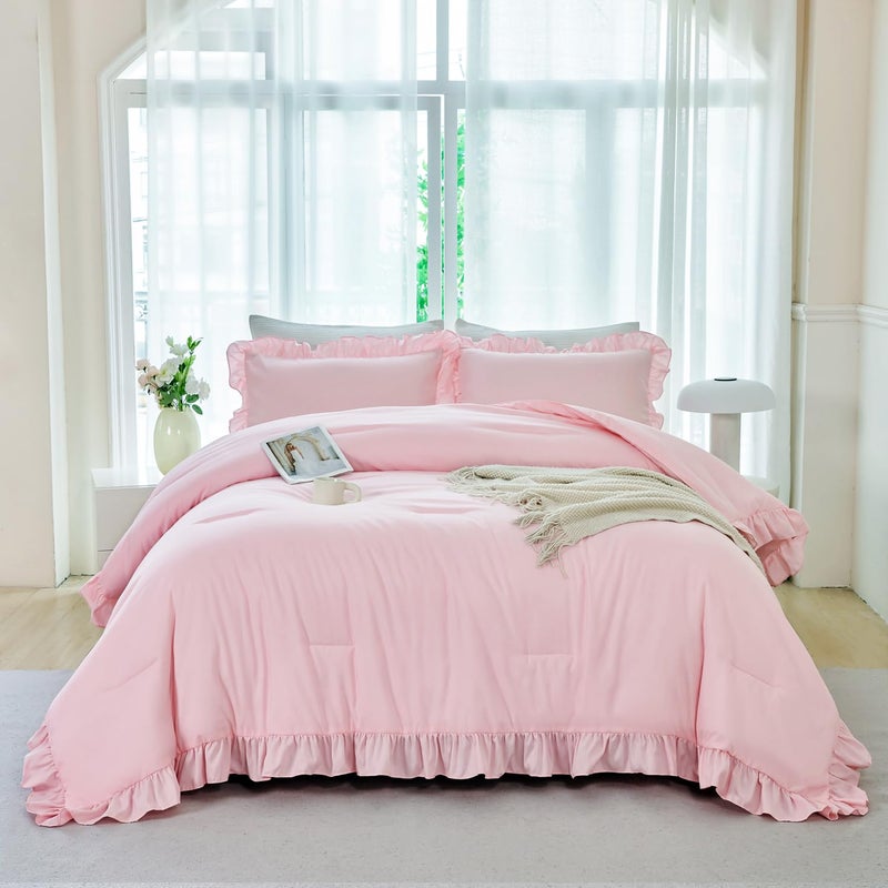 ANGIYUIN 5 Pieces Pink Twin Size Comforter Set for Girls Ruffled Kids Bed in A Bag with Sheet Sets Farmhouse Shabby Bedding Sets with Ruffle Soft Fluffy Bed Sets (Pink Twin) - Image 1