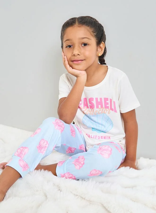 Styli Girls Seashell Print Short Sleeve T-Shirt and Pyjama Set