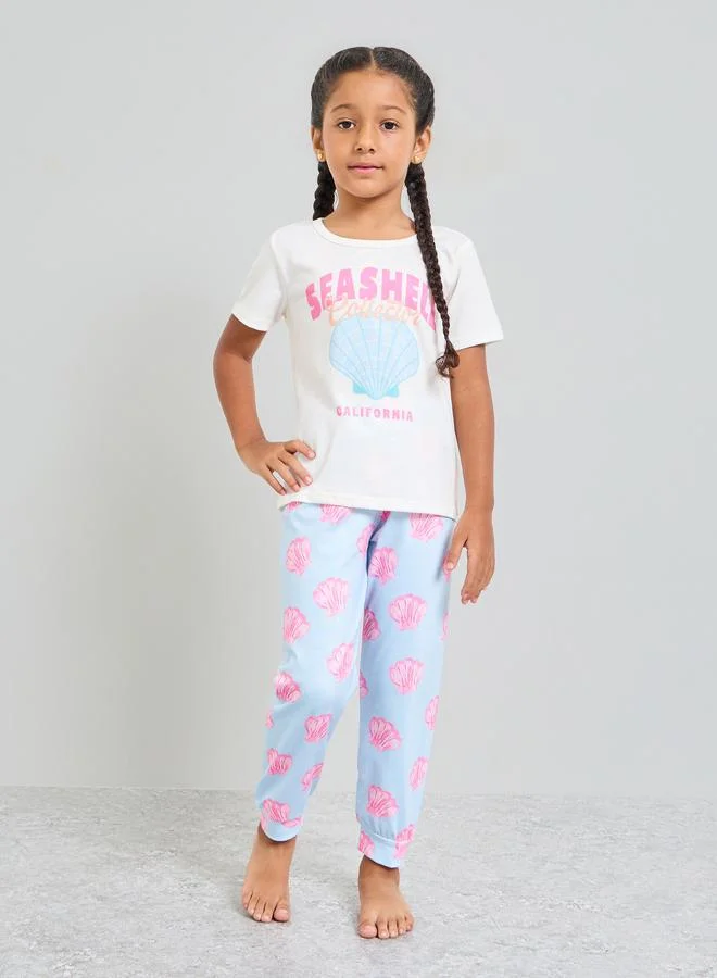 Styli Girls Seashell Print Short Sleeve T-Shirt and Pyjama Set