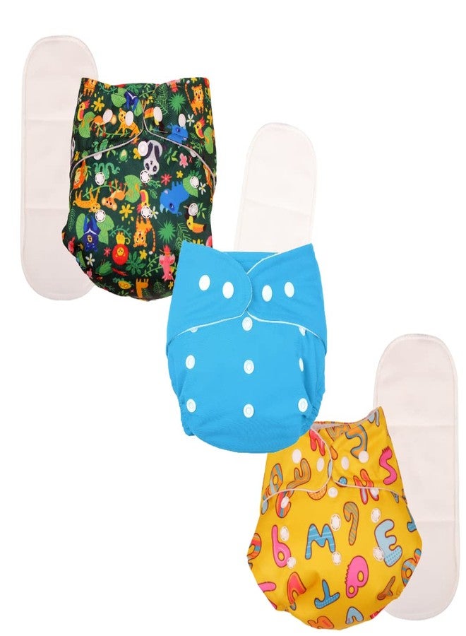 Deedry Oeko-Tex Certified Washable & Reusable Diapers With Adjustable Snap Buttons (One Size Perfect Fit), Comes With Absorbent Inserts/Pads- (3Months- 3Years) (1 Blue + 2 Print Diaper) - Image 1