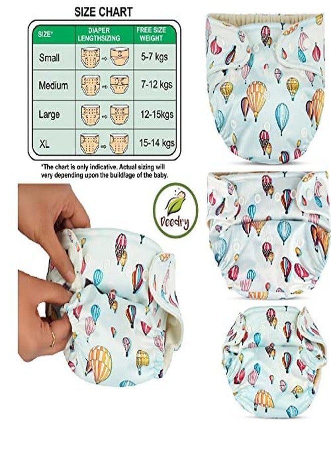 Deedry Oeko-Tex Certified Washable & Reusable Diapers With Adjustable Snap Buttons (One Size Perfect Fit), Comes With Absorbent Inserts/Pads- (3Months- 3Years) (1 Blue + 2 Print Diaper) - Image 4