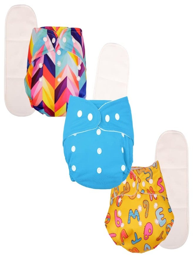 Deedry Oeko-Tex Certified Washable & Reusable Diapers With Adjustable Snap Buttons (One Size Perfect Fit), Comes With Absorbent Inserts/Pads- (3Months- 3Years) (1 Blue + 2 Print Diaper) - Image 2
